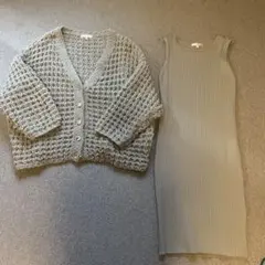ノースリーブリブ編みワンピースとカーディガンセットアップ　レディース　グリーン