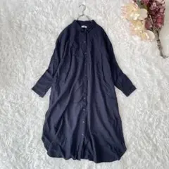 koéレーヨンリネンシャツワンピース（F）ネイビー系　長袖　カジュアル