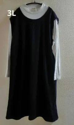 大きいサイズ　3L　ブラック長袖カットソーワンピース重ね着風