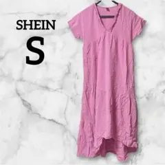 【S】ピンク 半袖 ロングワンピース Vネック アシンメトリー