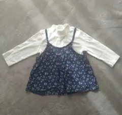ベビー　長袖　花柄キャミソールと重ね着風　ネイビー　白　80cm