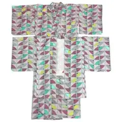 アンサンブル着物 ウール？ 羽織紐付き くすみピンク レトロ柄 幾何学 小紋