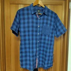 BEAMS ネイビー チェック 半袖シャツ XL