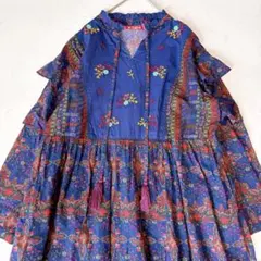 【美品】amina チャイハネ インド古典柄ワンピース ネイビー フリル