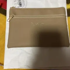 ベージュ 合成皮革 ポーチ 2ファスナー
