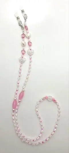 【M147】ハンドメイド　眼鏡・マスクストラップ　白とピンクのハートたち