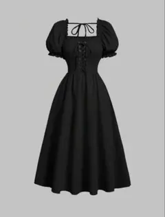 ブラック 半袖 ロング ワンピース 韓国 お嬢様 フリル
