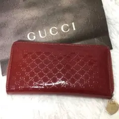 グッチ GG マイクロシマ ラウンドファスナーウォレット 長財布 ハートチャーム