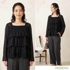 INGEBORG インゲボルグ【M】フリルブラウス 黒 レース シースルー 上品のサムネイル