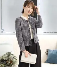 PourVousフリンジツイードジャケット ノーカラー セレモニースーツ 11号