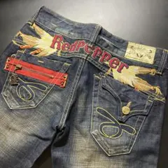 Red Pepper 刺繍 デニム フレアパンツ 28 羽根 ブーツカット　ロー