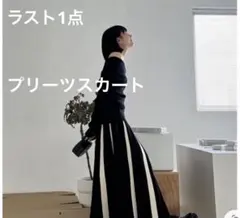 プリーツスカート ロング 黒 白 ストライプ ウエストゴム 体型カバー 韓国