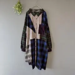 コハク［F］美品◎大人クール◎存在感◎パッチワーク◎ひざ下チェック柄シャツワンピ