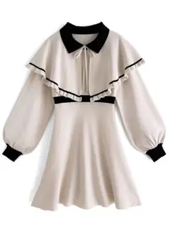 フリル襟ニットワンピース ベージュ