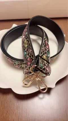 インド刺繍リボン　花柄　黒　ショルダーストラップ　幅3cm 合皮　レザー