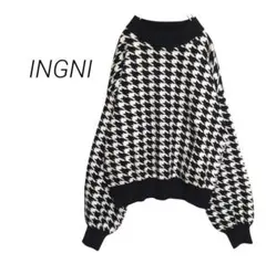 【イング】千鳥格子ハイネックニット セーター ハウンドトゥース柄 オーバーサイズ