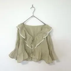 七分袖ブラウス フリル 刺繍レース リボン紐 ショート丈 くすみカラー かわいい