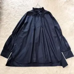 美品 DRESSTERIOR バンドカラー ブラウス シャツ ギャザー ブラック 