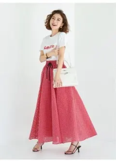 【美品】OBLI オプリ　オーガンジーギンガムチェックスカート/レッドのサムネイル