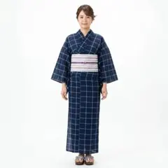 浴衣 単品 女性用 しじら織 綿麻 格子 紺色 bonheur saisonsのサムネイル