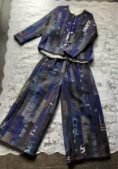 古布リメイク　パッチワーク　刺し子　ジャケット　パンツ　セットアップ