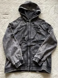 ダメージ加工 ダブルジップパーカー M デニム