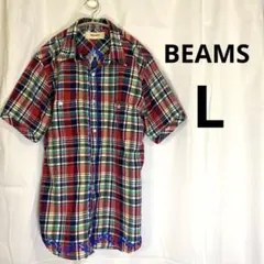 BEAMS ビームス 半袖 チェックシャツ ネイティブ柄 幾何学 Lのサムネイル