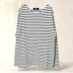 長袖カットソー　M　ホワイト系　ボーダー柄　Uネック　カジュアル　着回し　春夏