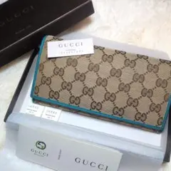 極美品 GUCCI グッチ GGキャンバス 二つ折り長財布 ターコイズグリーン