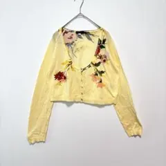 KENZO JEANS 90s 花柄 カーディガン 黄色 クロップド丈　薄手のサムネイル
