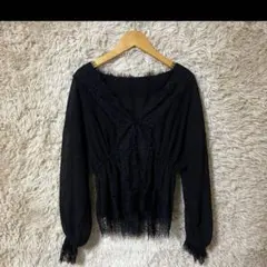 NICE CLAUP ブラウス フリル レース 花 ボタン 黒