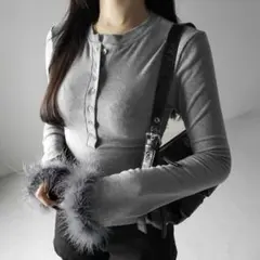 me+em select裏起毛ファースリーブヘンリーネックリブトップス グレー