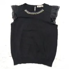 Apuweiser-riche 上品ビジュー♡ シフォン袖ニット 黒 Ｍ