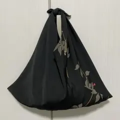和装バッグ あずま袋 黒地 植物柄
