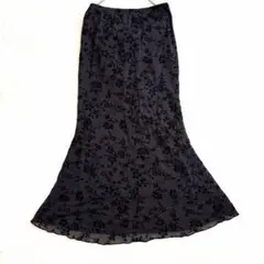 SHEIN 花柄チュールロングマーメイドスカート　Ｌ　黒　裏地　シアー　刺繍