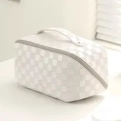 化粧ポーチ 格子 大容量 ホワイト バニティ コスメポーチ メイクボックス 韓国