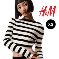 お値下げ❣️H&M 白黒 リブニットボートネックトップス グロップド丈 ショート丈
