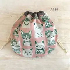 ハンドメイド＊巾着袋＊ピンク＊猫＊内布グレー＊ふっくら