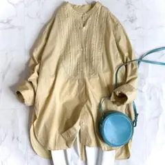 美品＊B&Y コットンピンタックバンドカラーシャツ 定価1.5万円 イエロー