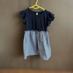 キッズ 半袖 ドッキングワンピース 95cm チェック 黒　ワンピース