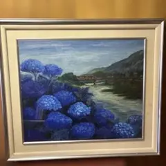 透明水彩画 原画 「あじさいの小道03」額縁付き F0サイズ 風景画