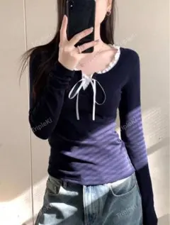 【春服】【韓国】【コケットコア】ネイビー フリルネック 長袖Tシャツ