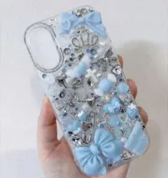 iPhone17対応　ハンドメイド　スマホケース　デコ電　ブルー系