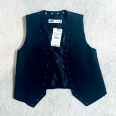 【タグ付き未使用】ZARA スタッズ ベスト 黒 S
