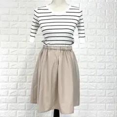 ■ミーア【F】白×ベージュ ボーダーワンピース ウエストゴム 5分袖 カジュアル