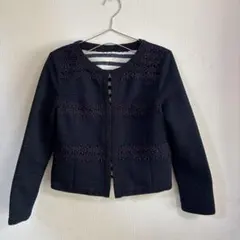 オンワード樫山　ノーカラージャケット　リバーシブル　M ネイビー　花柄　ボーダー