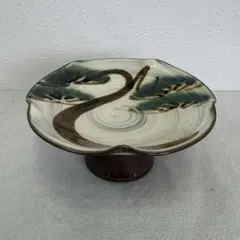 唐津焼　指月庵　清水滋雄　ニ彩唐津　刷毛目　緑の松　茶道具　高台菓子器 茶道具 唐津焼 指月庵 清水滋雄 造 高台菓子器 刷毛目 緑の松 新品 未