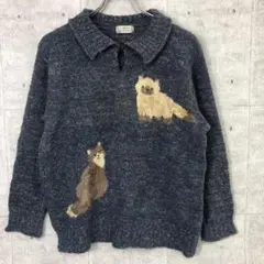 昭和レトロ ファンシー 古着 ふわふわ猫ちゃん ジャガード 襟付 ニットトップスのサムネイル