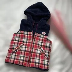 美品　130 ベビードール　フード　ベスト　赤　ネイビー　チェック　リバーシブル