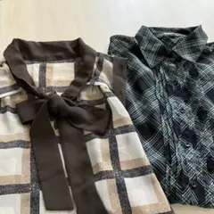 2点まとめ売り ブラウス　リボン付き　チェック　ノースリーブ　ブラウン　緑　黒